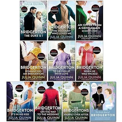Bridgerton Family Book Series by Julia Quinn, 10 paperback novels displayed together on a table.