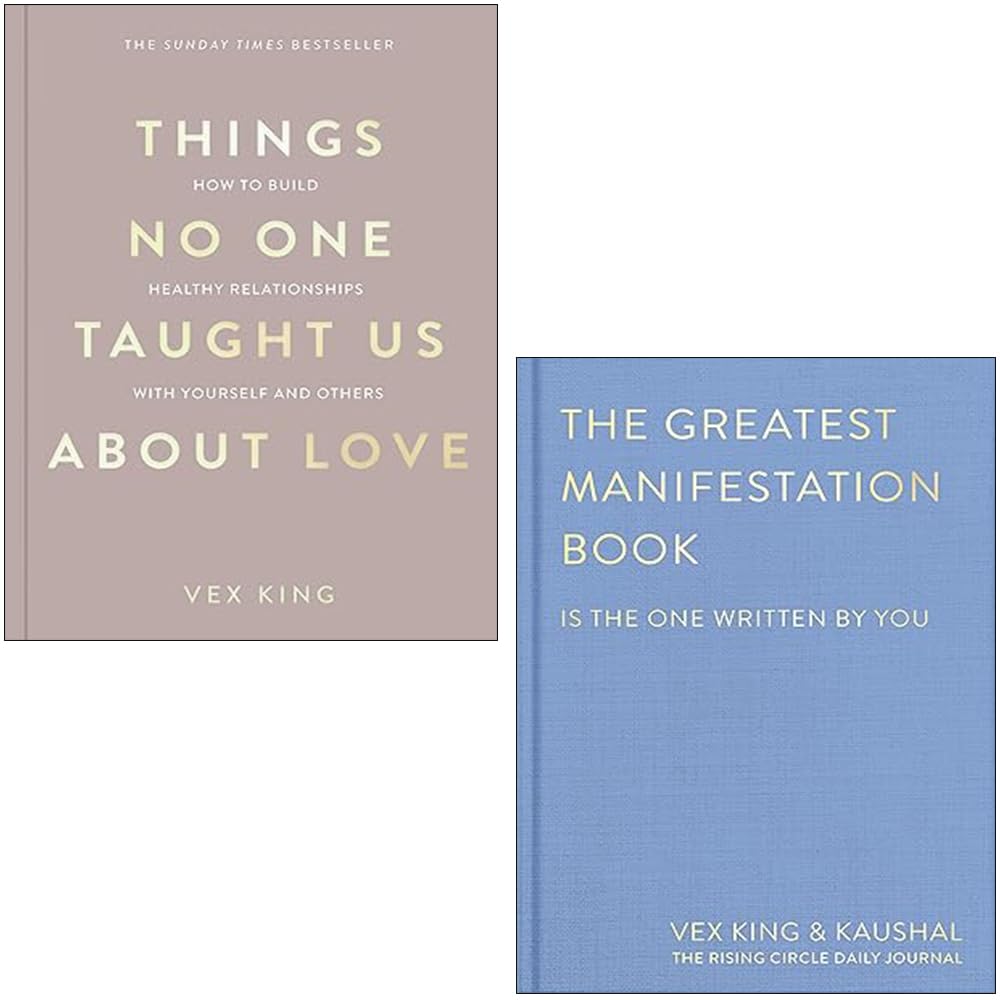 Vex King Manifestation Set featuring two paperback books from Bluebird Ltd on a wooden table with soft lighting.