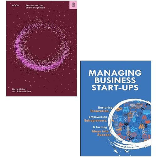 Two hardback books from the Boom Startups collection by Byrne Hobart and Tobias Huber on a wooden surface.