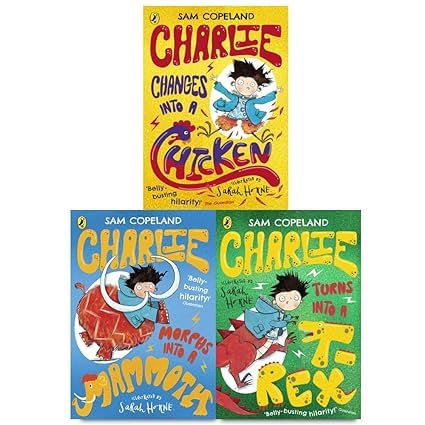 Three paperback books from the "Charlie Changes Into a Chicken" series by Sam Copeland, published by Puffin Ltd.
