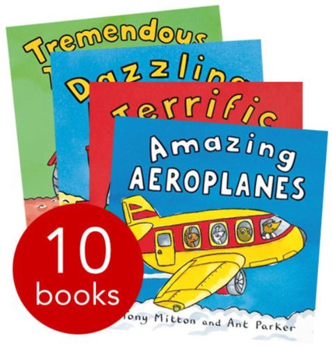 Ten paperback books from the Amazing Machines collection by Tony Mitton for ages 3-7, featuring colorful illustrations.