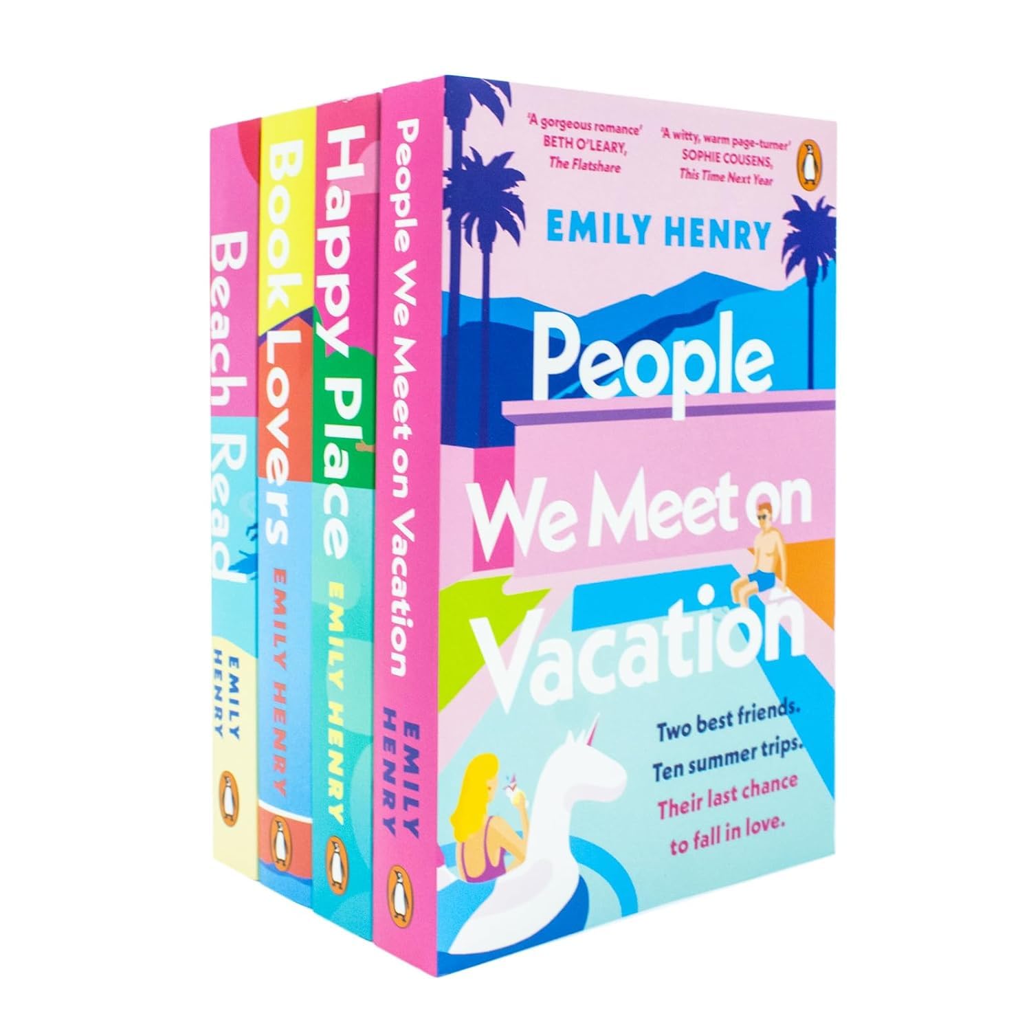 Emily Henry 4 Books Collection Set in paperback featuring fiction titles, stacked on a wooden surface.
