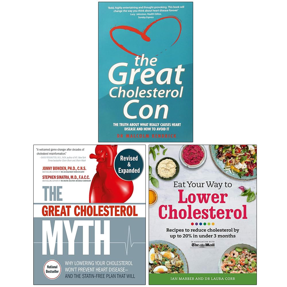 Three paperback books about cholesterol by Malcolm Kendrick, published by John Blake, Fair Winds Press, and Orion.