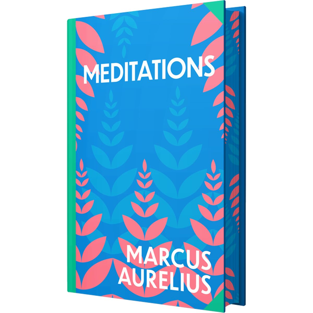Hardback edition of "Meditations" by Marcus Aurelius displayed on a wooden surface with a soft focus background.