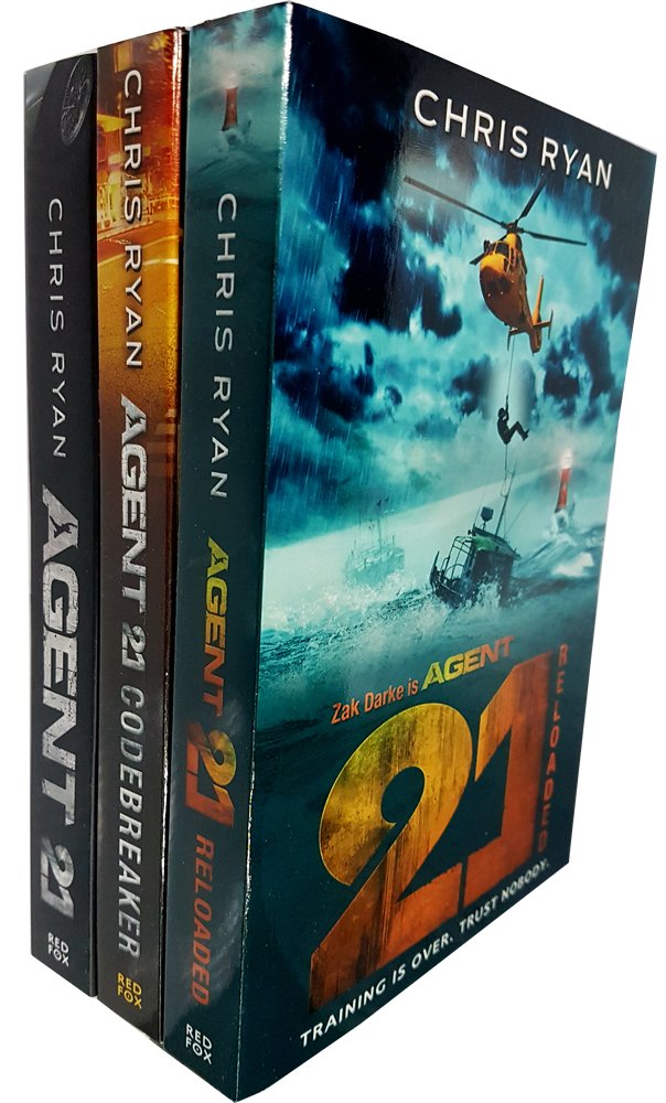 Agent 21 Series by Chris Ryan, three paperback fiction books stacked with vibrant covers showcasing action themes.