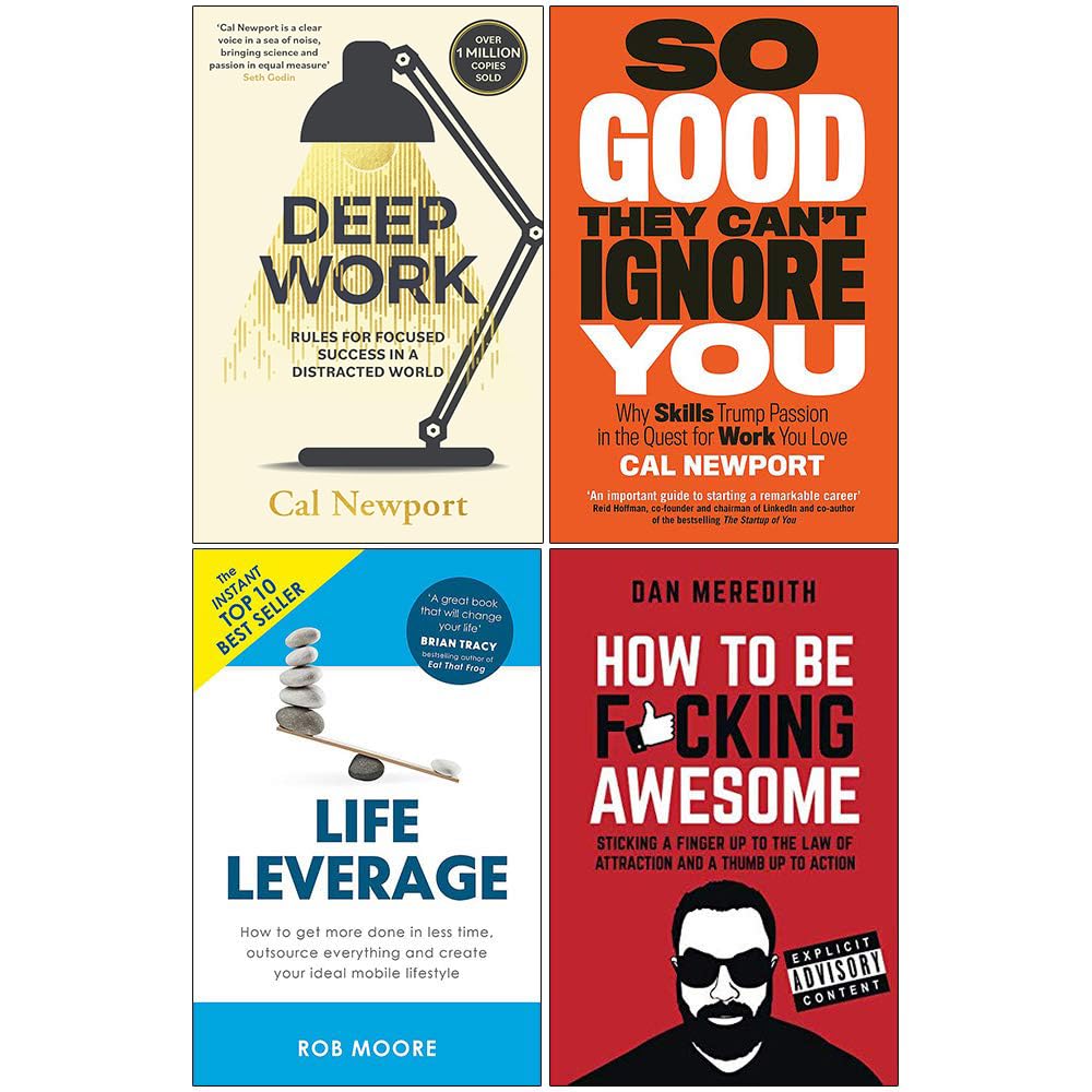 Four paperback books on productivity by various authors in a collection set, featuring titles from Cal Newport.