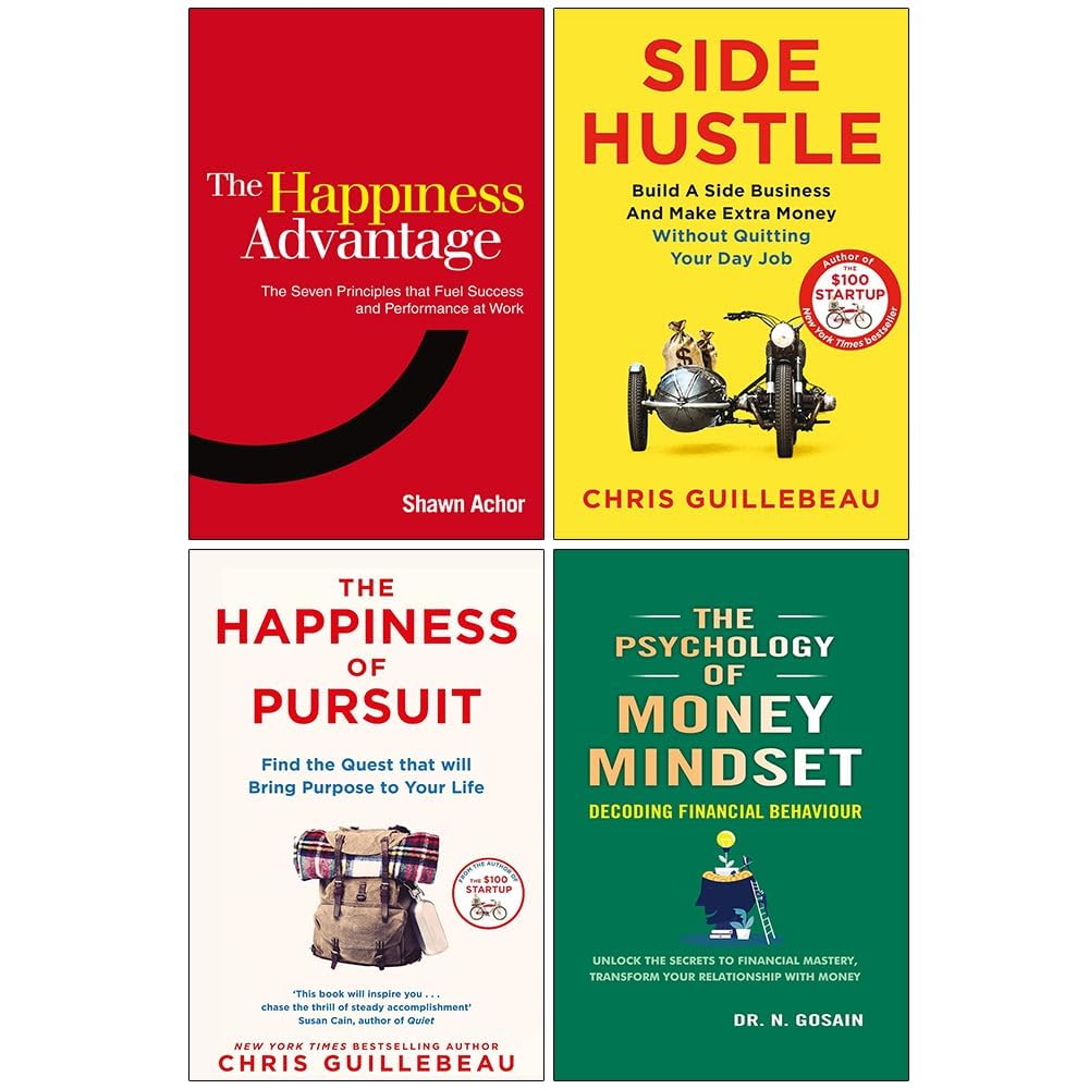 Four paperback books from the "Happiness" collection by Various Authors, featuring insights from Shawn Achor.