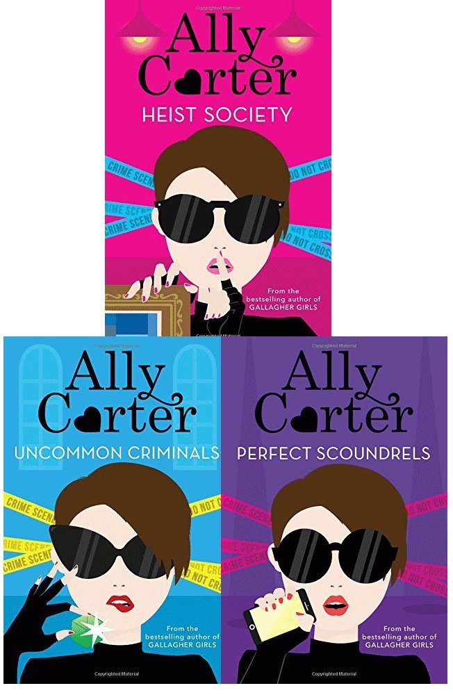 Three paperback books from the Heist Society series by Ally Carter, featuring young adult themes and vibrant covers.