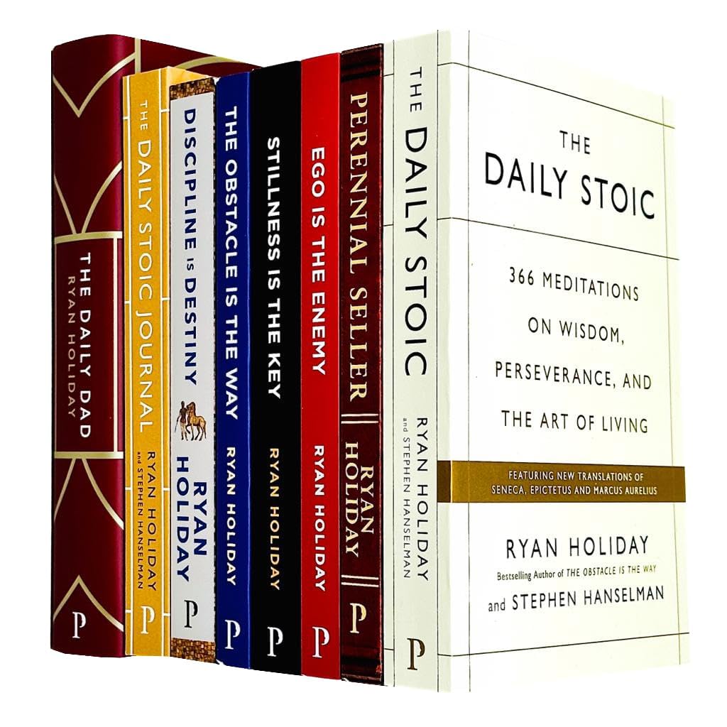 Ryan Holiday Collection 8 hardback non-fiction books set by ProfileBooks Ltd displayed on a wooden shelf.
