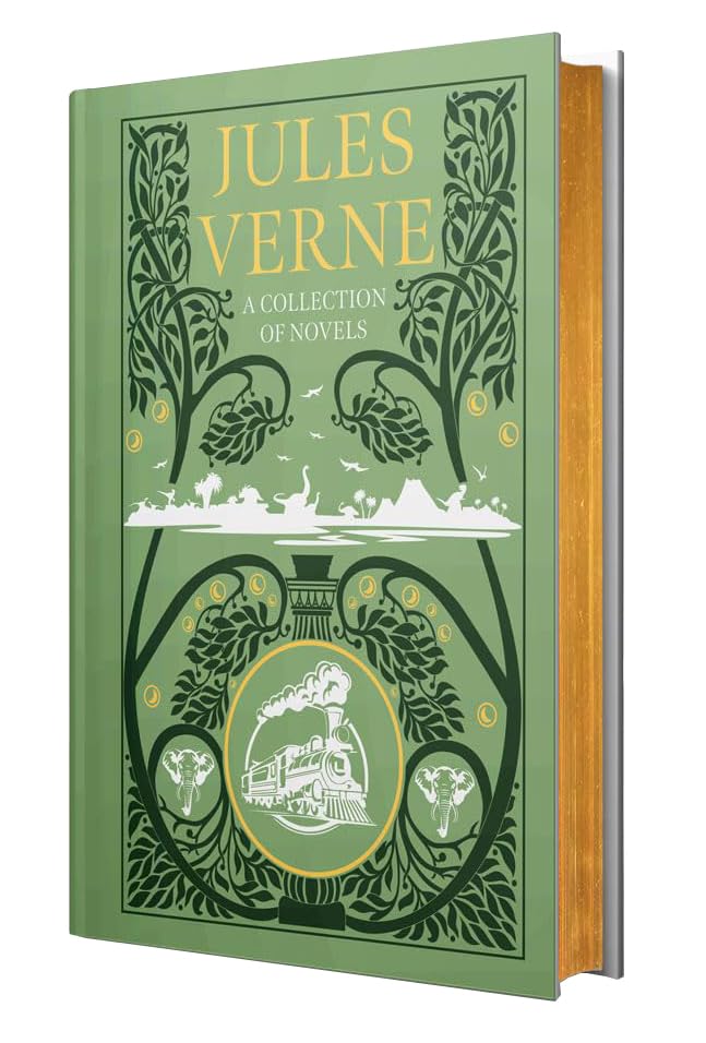 Jules Verne 4 Books Collection Set in hardback, featuring classic fiction titles by Jules Verne, displayed on a wooden surface.