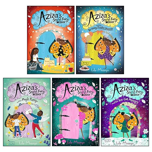 Five paperback books from Aziza's Secret Fairy Door Series by Lola Morayo for ages 3-8, featuring colorful covers.