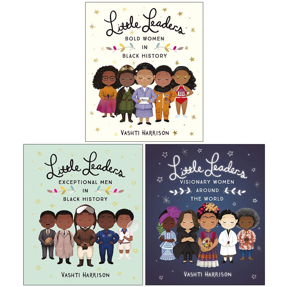 Three paperback books from the "Little Leaders" collection by Vashti Harrison for ages 4-8, featuring colorful covers.