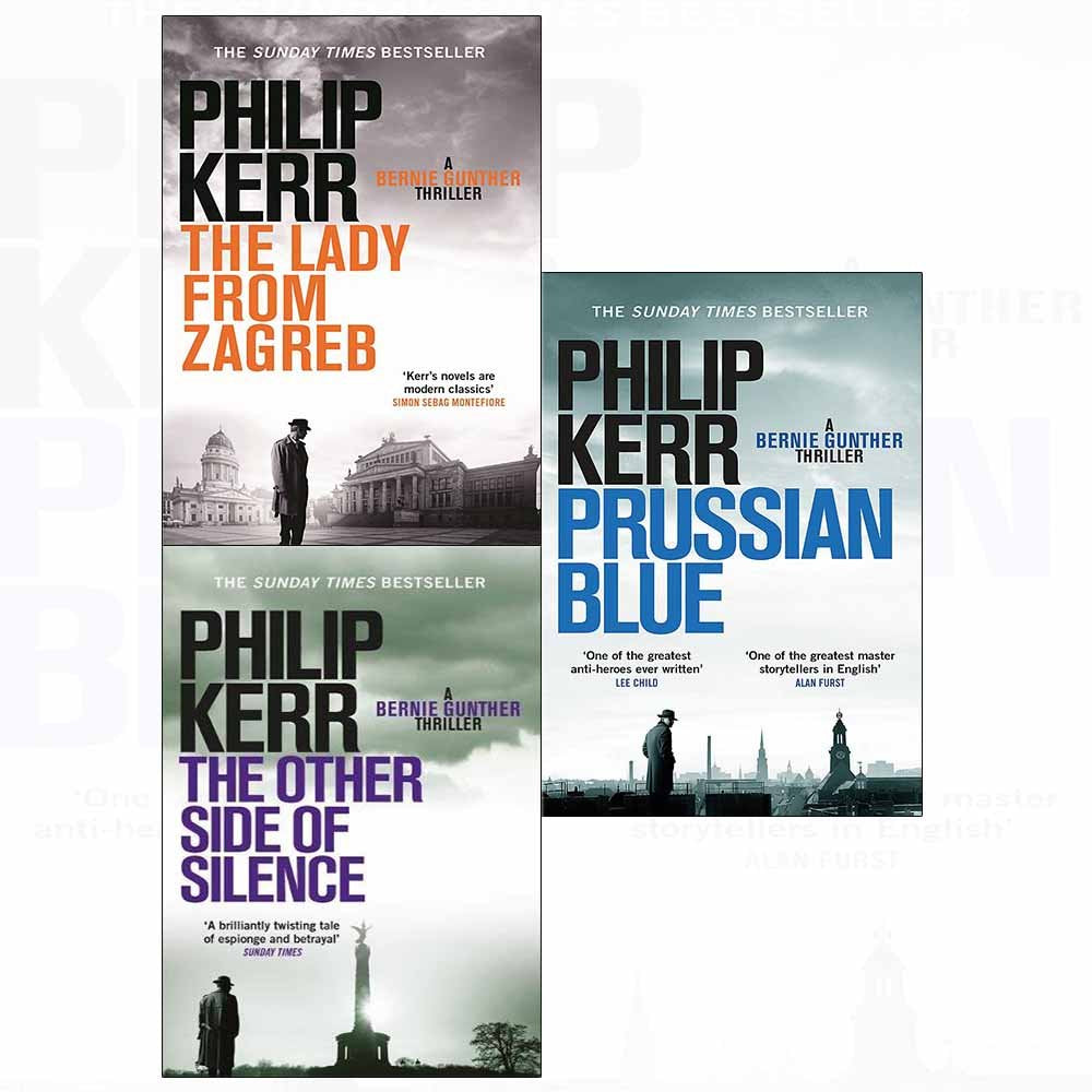 Three paperback books from the Bernie Gunther series by Philip Kerr, featuring distinctive covers and spine designs.