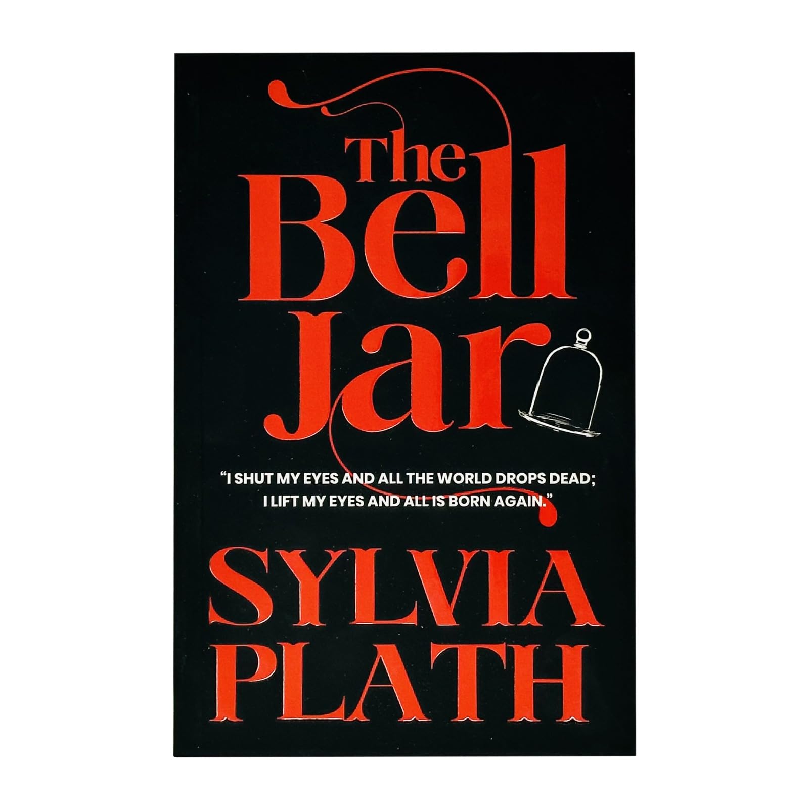 Paperback edition of "The Bell Jar" by Sylvia Plath, featuring a colorful cover design, resting on a wooden surface.