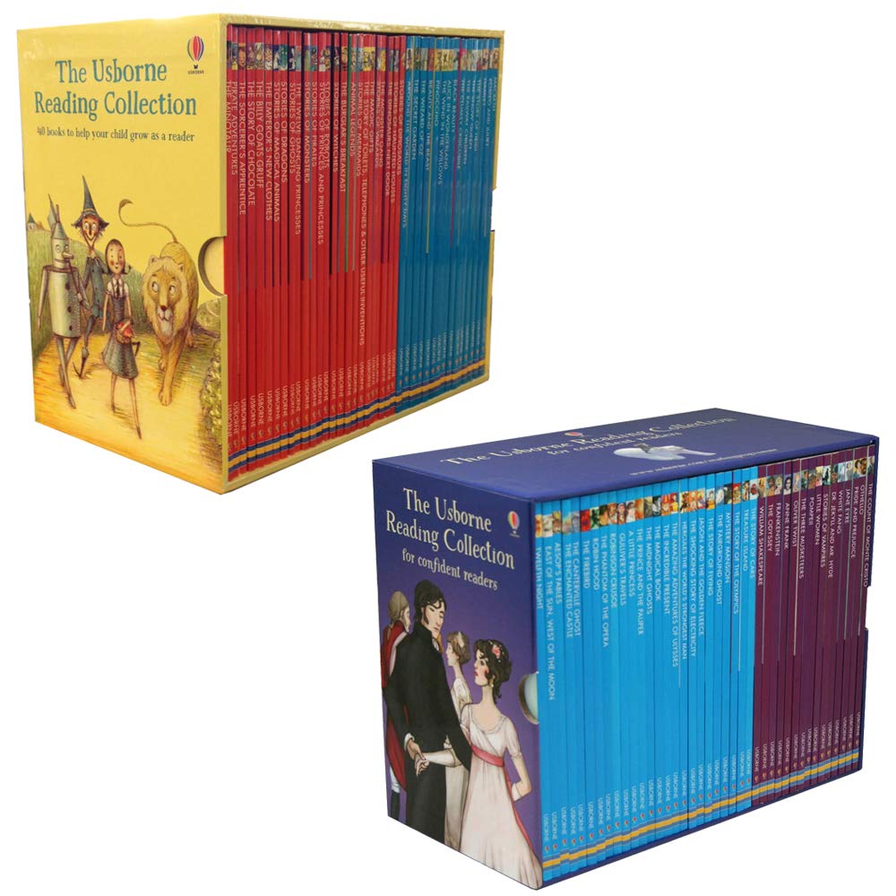 Usborne Young Reading 80 Books Collection Box Set for ages 7-9, featuring colorful paperback covers stacked in a box.