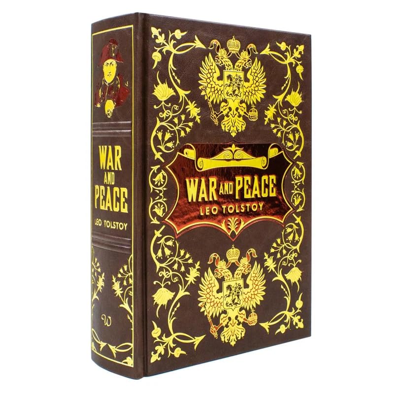 Deluxe leather-bound edition of War and Peace by Leo Tolstoy, showcasing intricate cover design and hardback format.