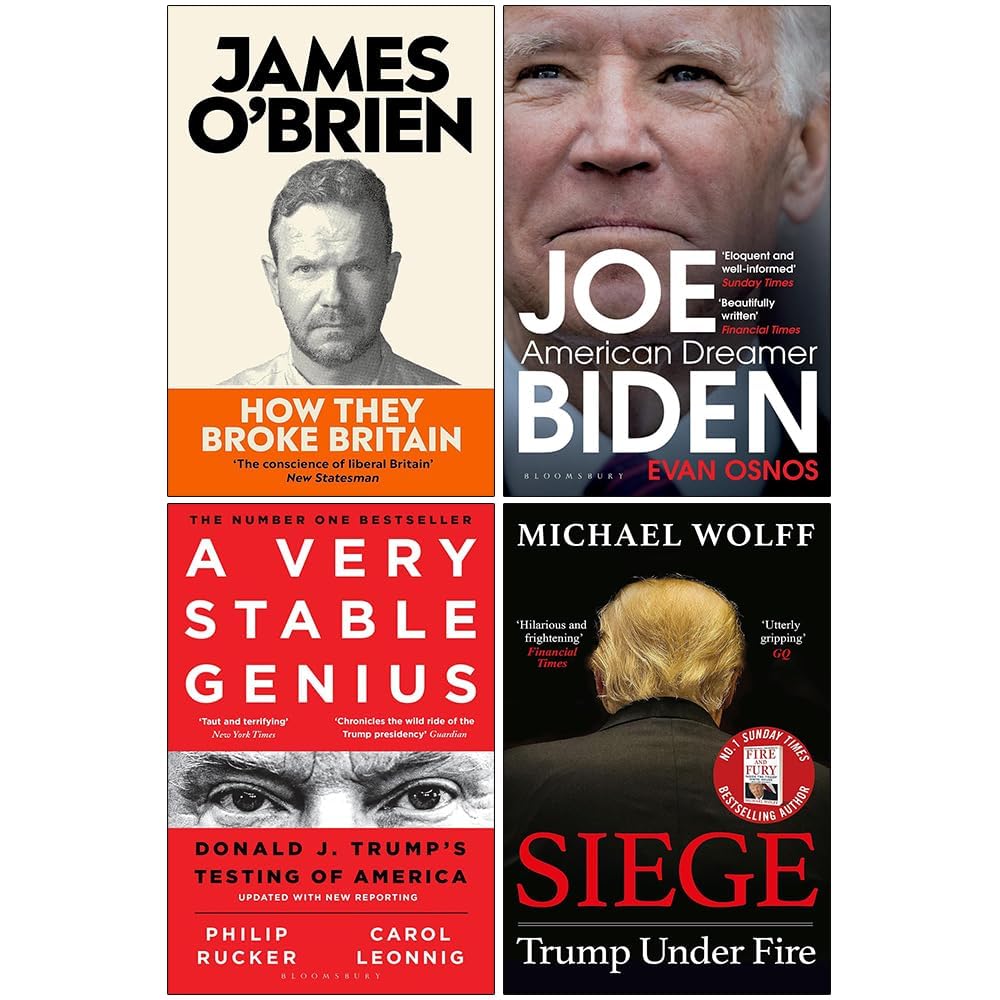 Four paperback books on politics by various authors, featuring the James O'Brien collection set on a wooden surface.