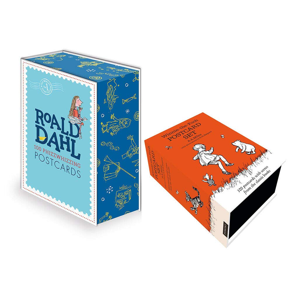Two paperback books featuring Roald Dahl and Winnie-the-Pooh postcards for ages 3-7, displayed together.