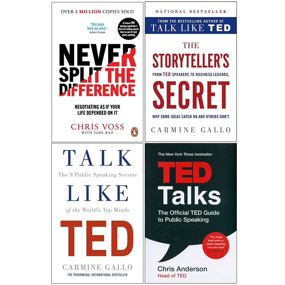 Four paperback books from TED Talks collection by Tahl Raz, showcasing various non-fiction authors and topics.