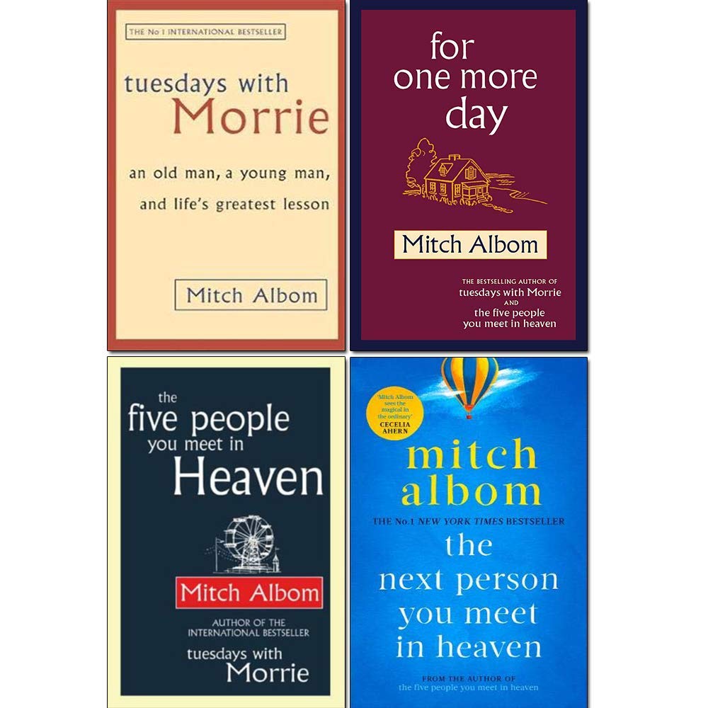 Mitch Albom 4 Books Collection Set in paperback, featuring non-fiction titles stacked on a table.
