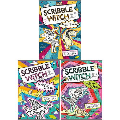 Three paperback Scribble Witch books from Inky Willis collection for ages 7-9, featuring colorful illustrated covers.