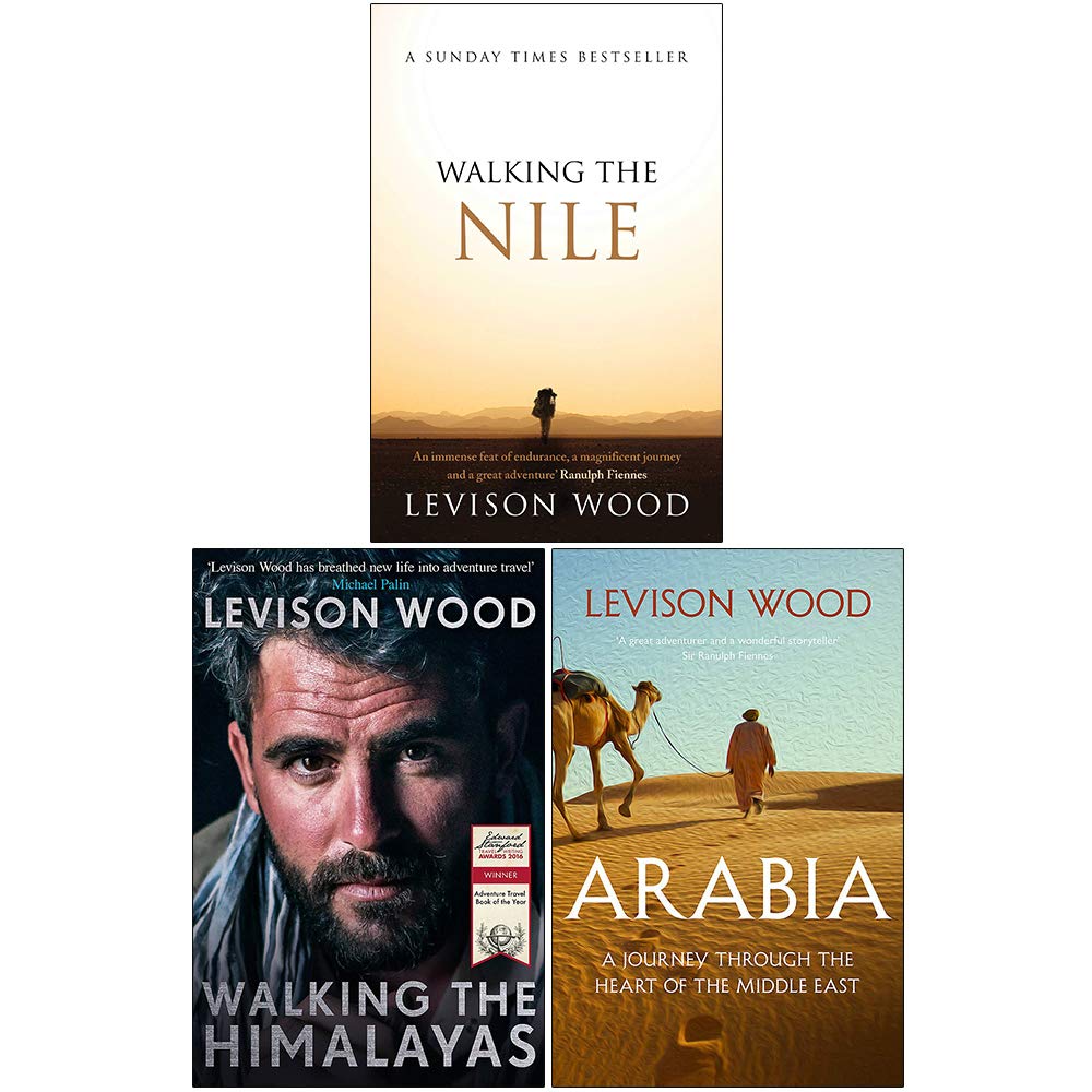Levison Wood 3 Books Collection Set in paperback, featuring adventure and travel themes, stacked on a wooden surface.
