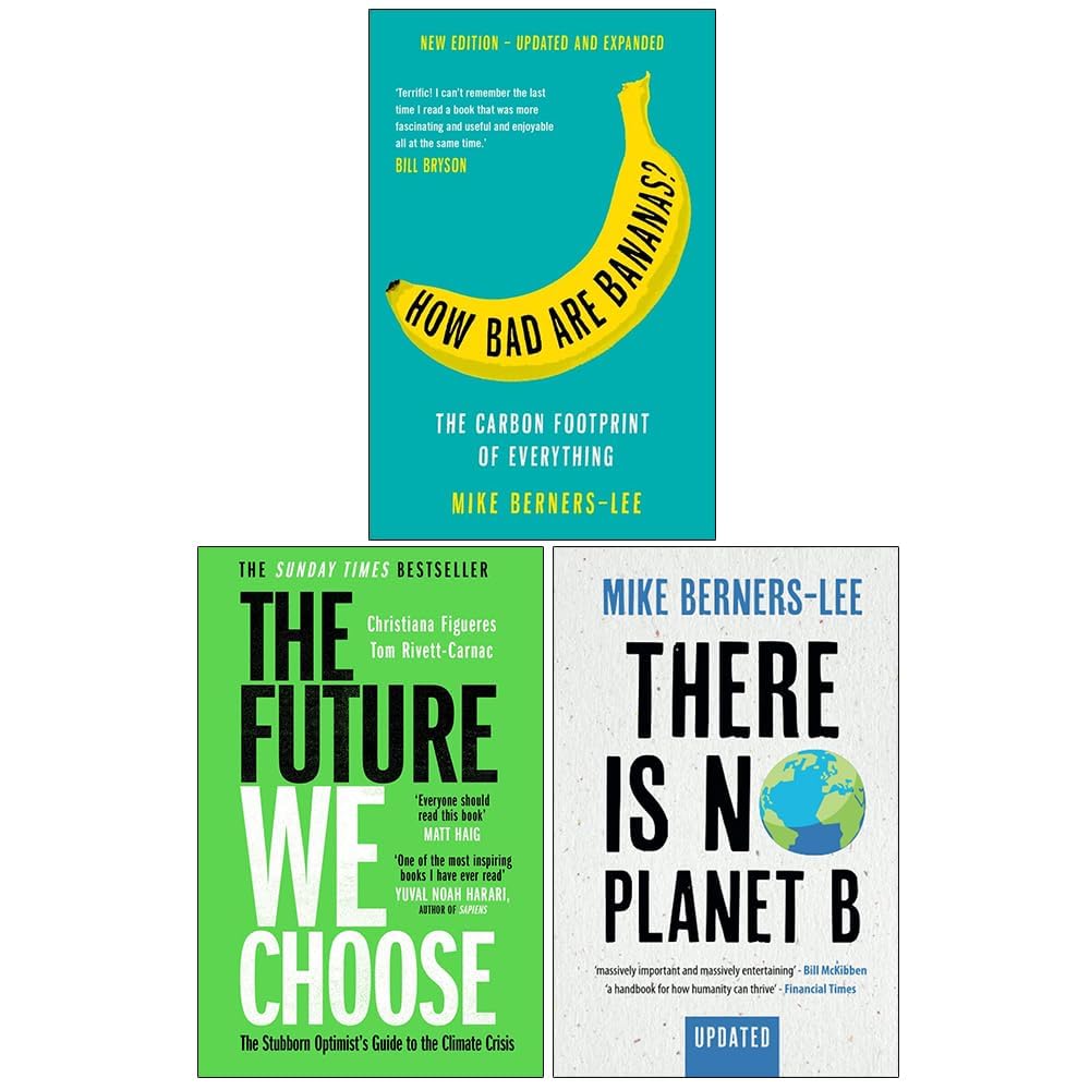Three paperback books on climate change by various authors, featuring covers and titles prominently displayed.