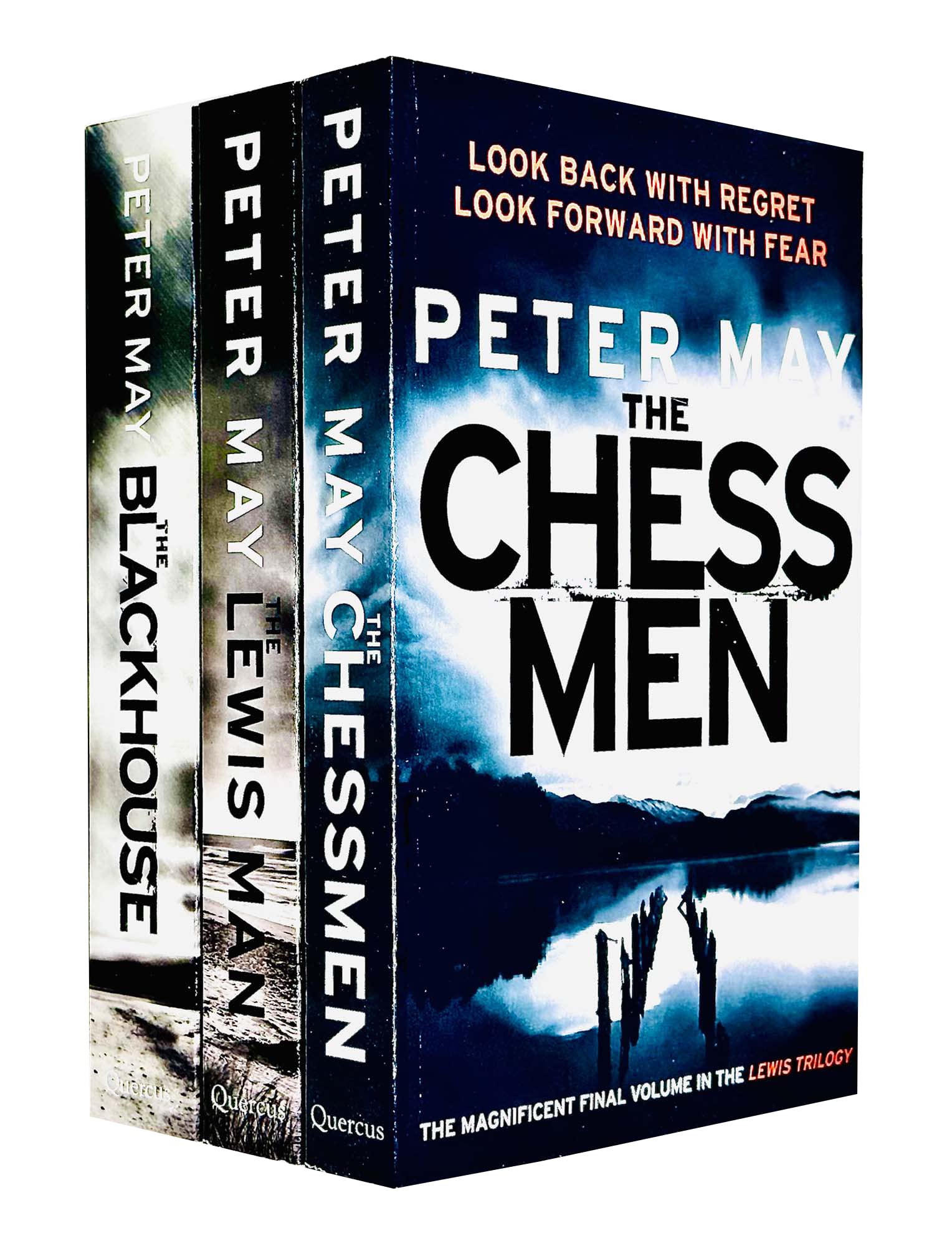Peter May's Lewis Trilogy box set featuring three paperback fiction books with scenic cover designs.