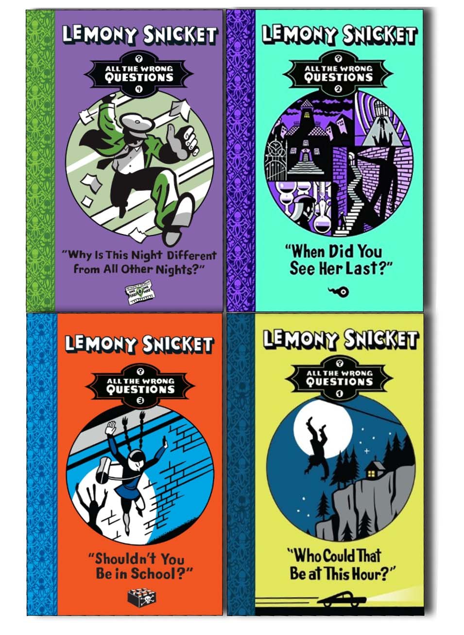 All the Wrong Questions by Lemony Snicket, 4 paperback books collection set, featuring colorful covers and intriguing titles.