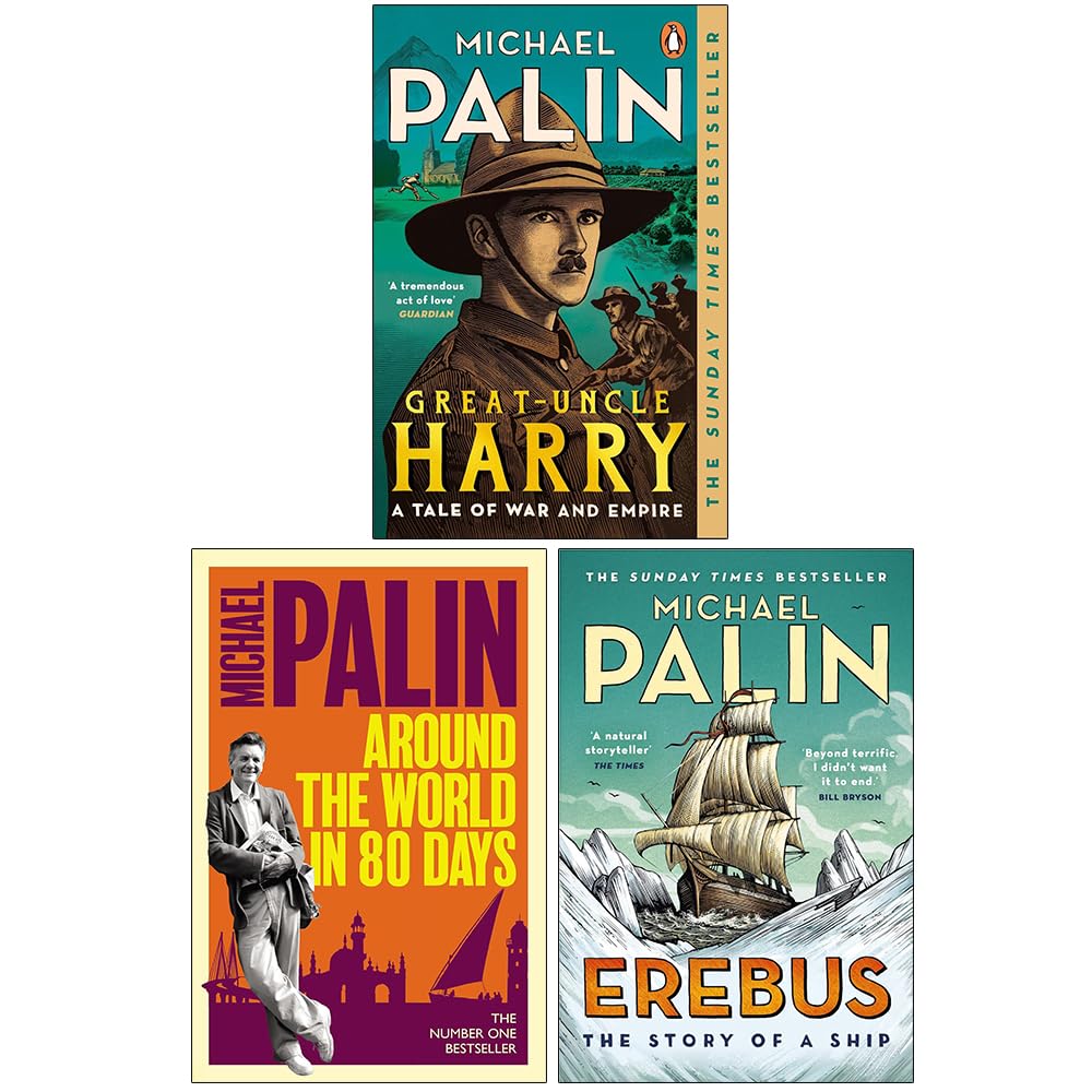 Michael Palin 3 Books Collection Set in paperback, featuring non-fiction titles by Michael Palin, displayed on a wooden surface.