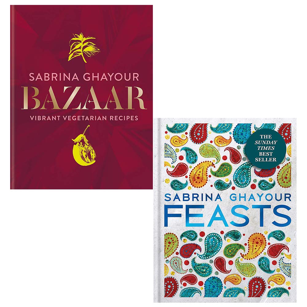 Hardback collection of "Bazaar Feasts" by Sabrina Ghayour showcasing vibrant cover designs on a wooden surface.