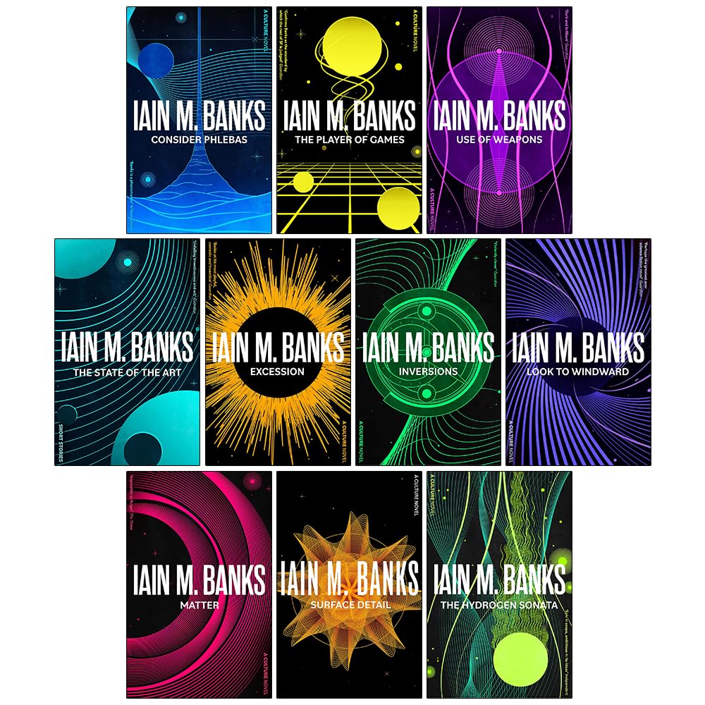 Ten paperback books from Iain M. Banks' Culture Series collection, featuring diverse science fiction stories and vibrant cover art.