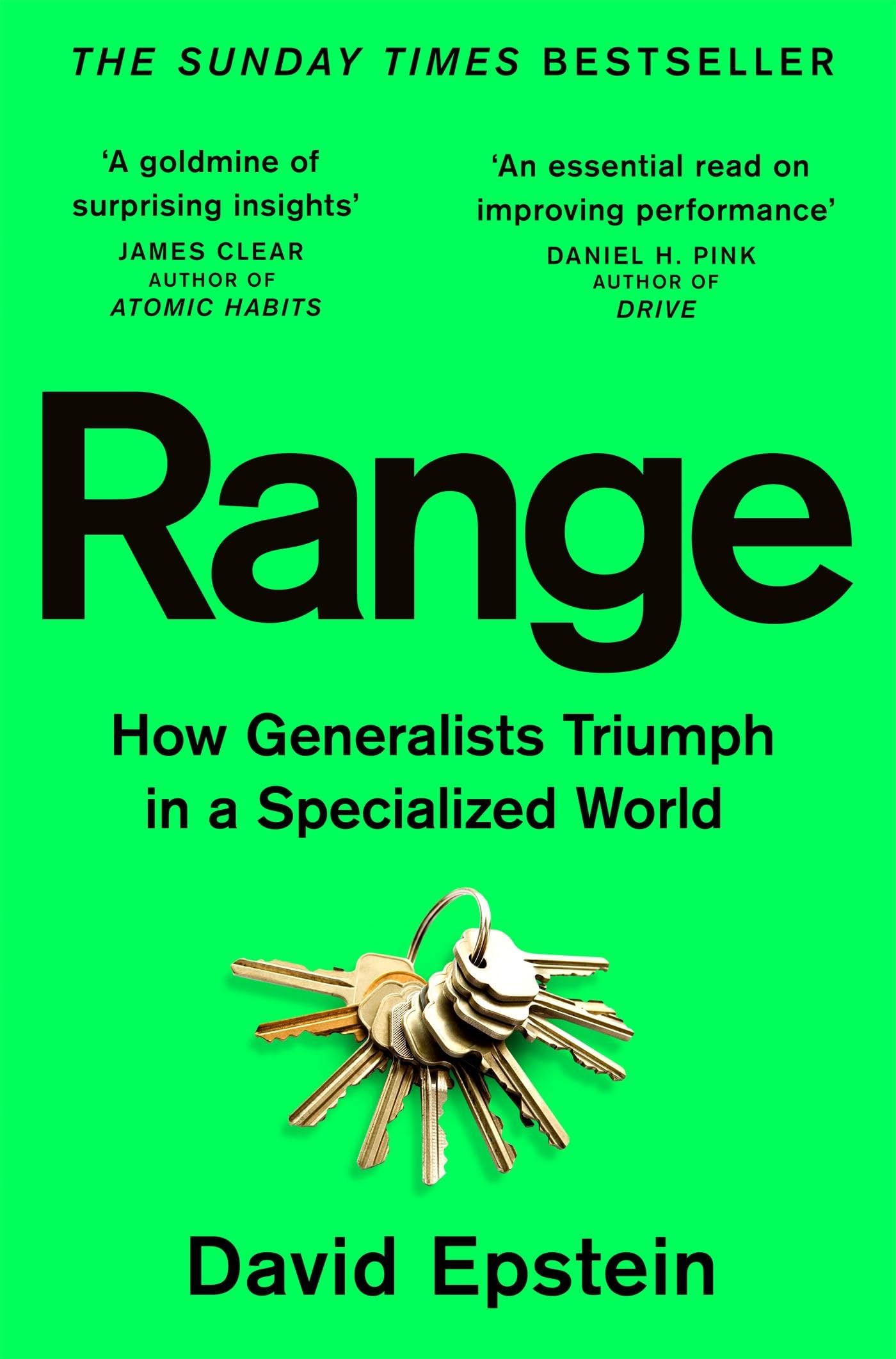 Paperback copy of "Range" by David Epstein, showcasing a colorful cover with bold title and author's name.
