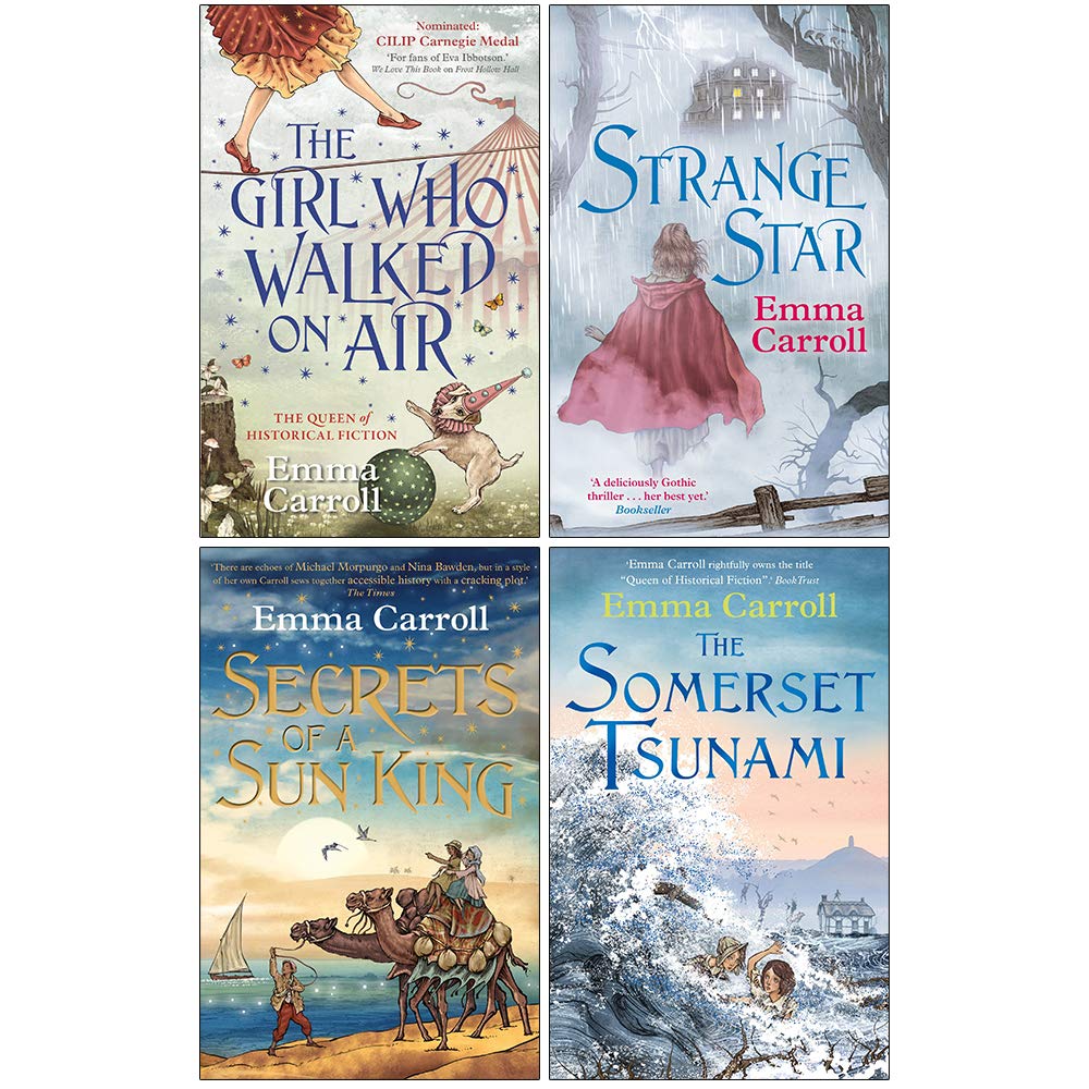 Emma Carroll Collection 4 paperback books set by Faber & Faber, featuring colorful covers and engaging fiction themes.