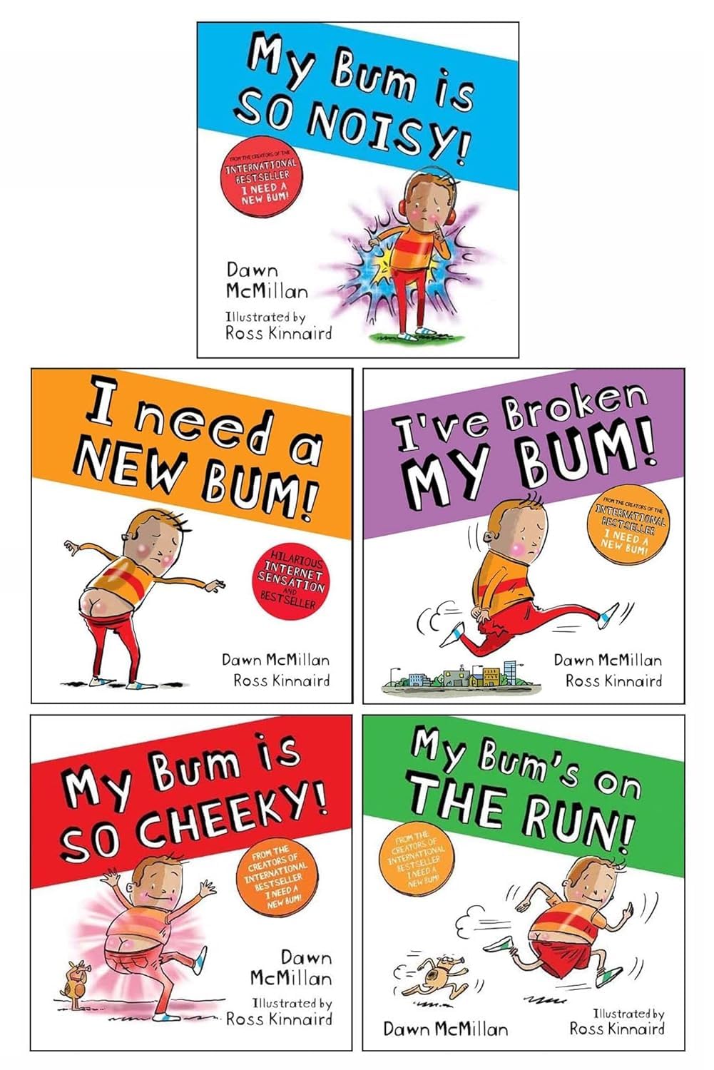 Five paperback books from the New Bum Series by Dawn McMillan for ages 3-7, featuring colorful covers and fun illustrations.