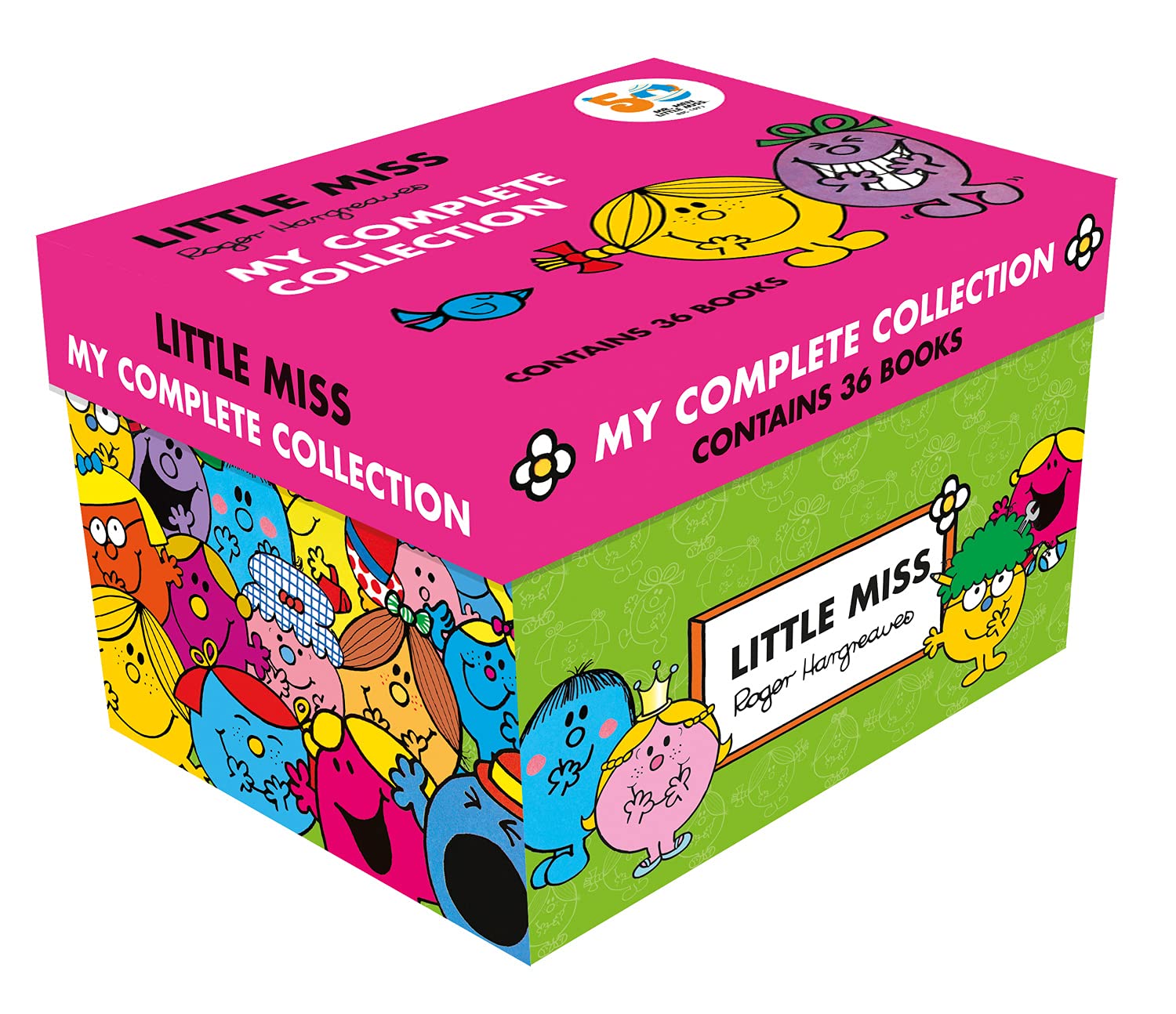 Collection of 35 Little Miss books by Roger Hargreaves, featuring colorful paperback covers for children ages 3 to 7.