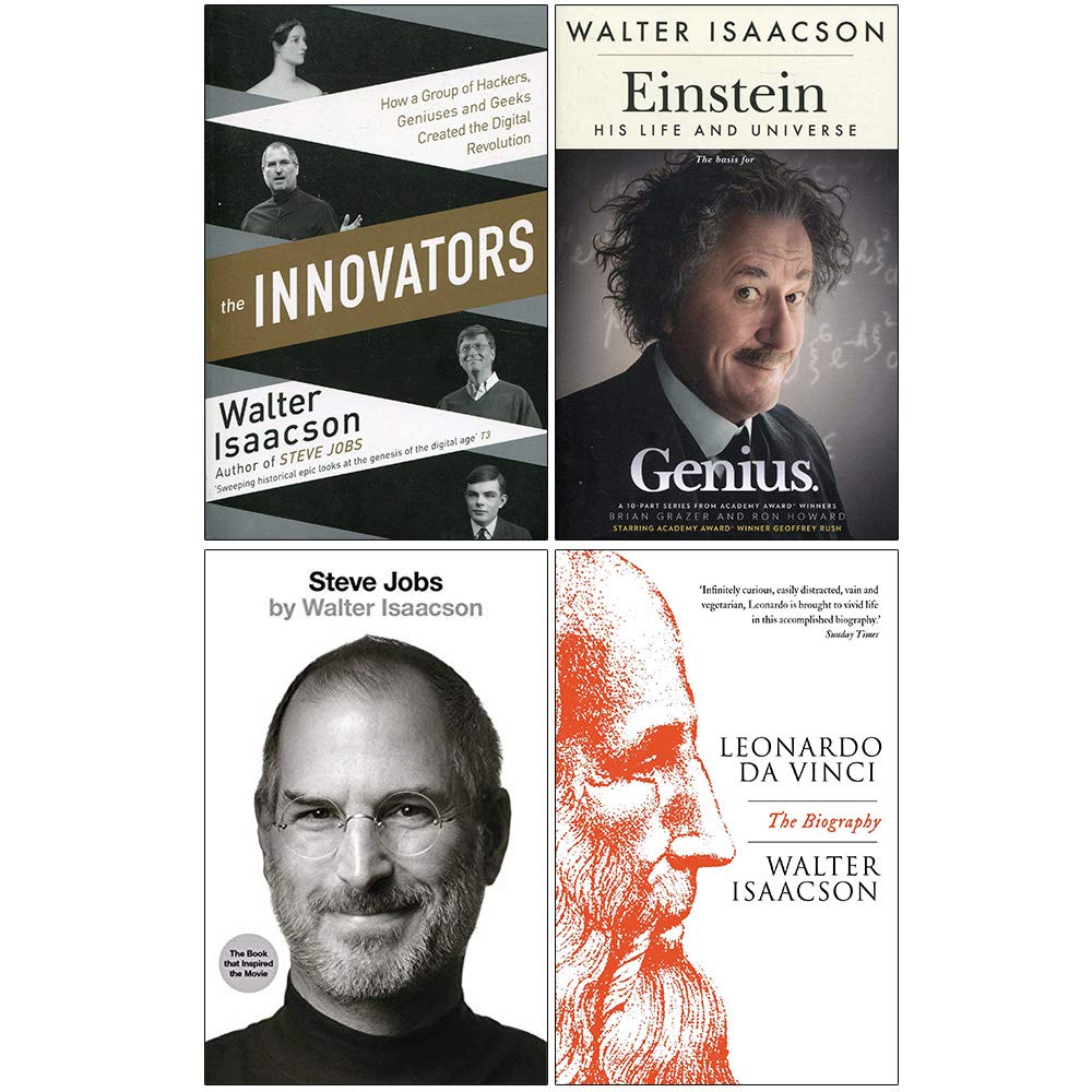 Walter Isaacson 4 books collection set in paperback, showcasing covers of non-fiction titles from Simon & Schuster UK.