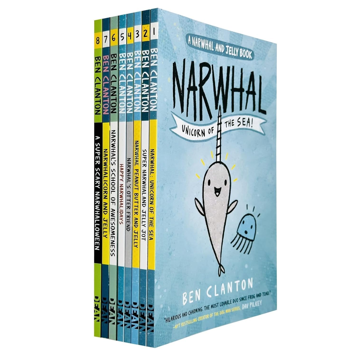 Set of 8 Narwhal and Jelly paperback books by Ben Clanton for ages 3-7, featuring colorful illustrations and playful characters.