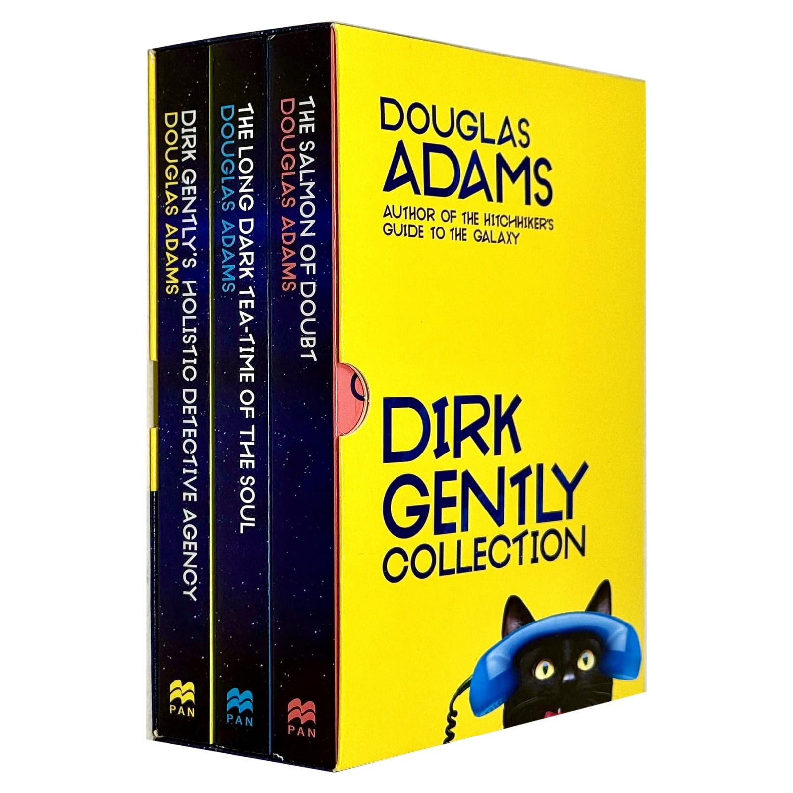 Three paperback books from the Dirk Gently Collection by Douglas Adams, featuring colorful cover art and spine details.