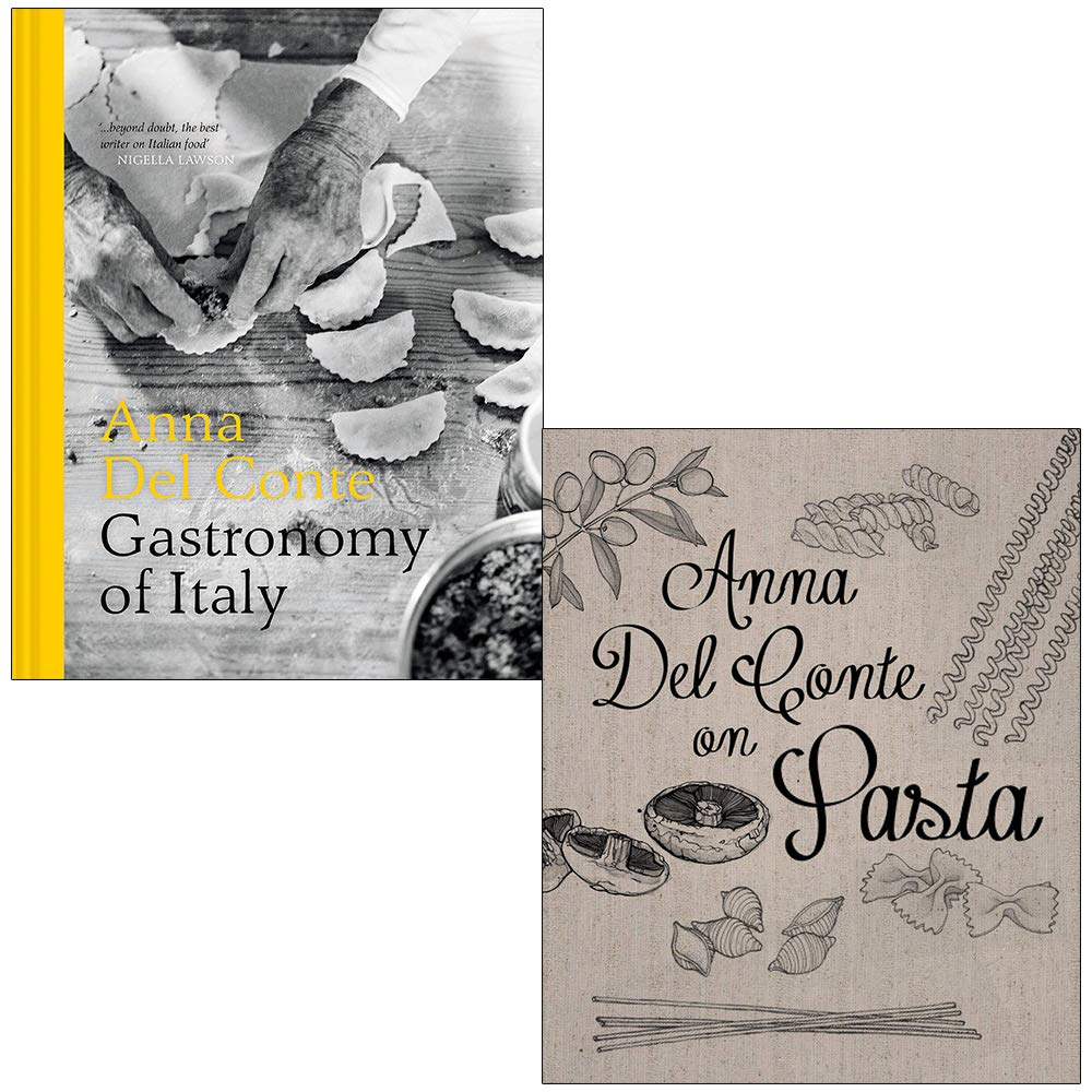Hardback collection of Anna Del Conte's two non-fiction books, featuring elegant cover designs on a wooden surface.