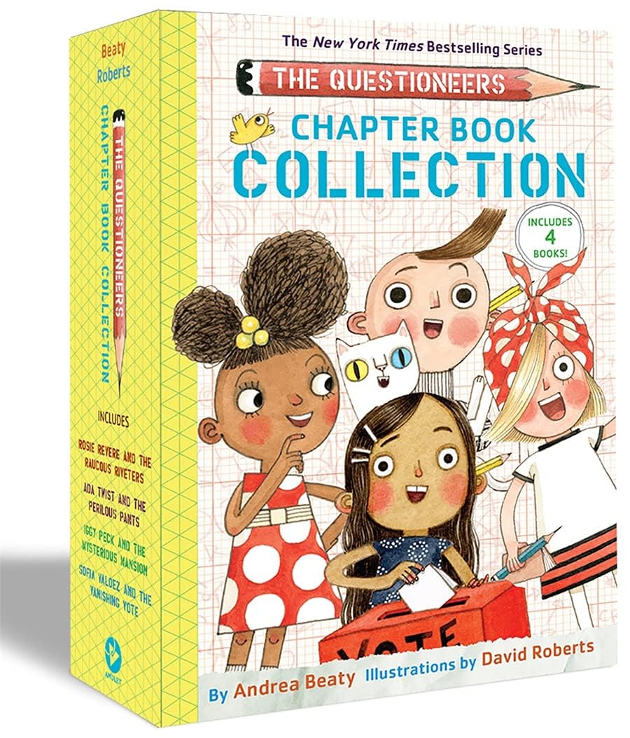 Four hardback books from The Questioneers series by Andrea Beaty, suitable for ages 6-9, displayed together.
