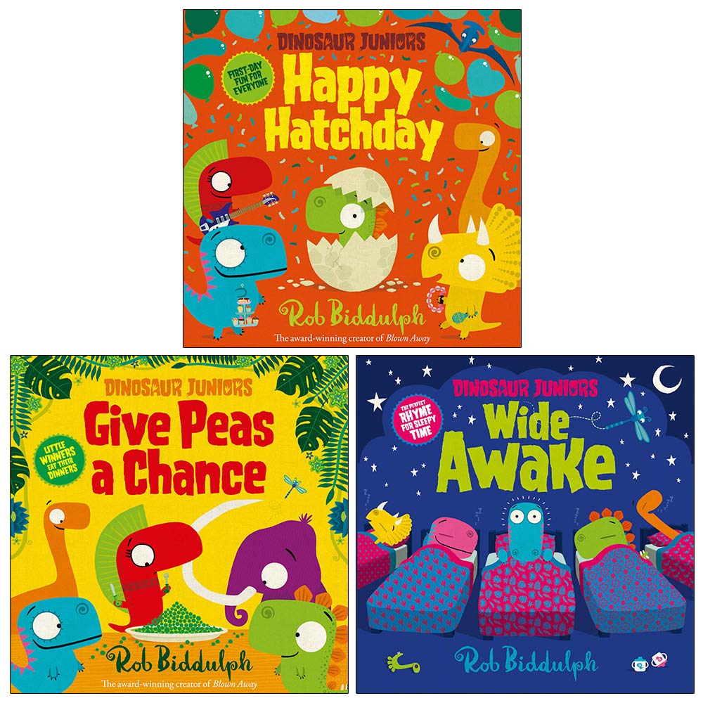Three paperback books from the Dinosaur Juniors Series by Rob Biddulph for ages 3-7, featuring colorful dinosaur illustrations.