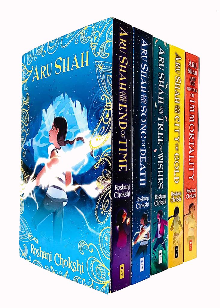 Set of five Aru Shah fantasy novels by Roshani Chokshi in paperback, featuring colorful illustrated covers from Scholastic Ltd.