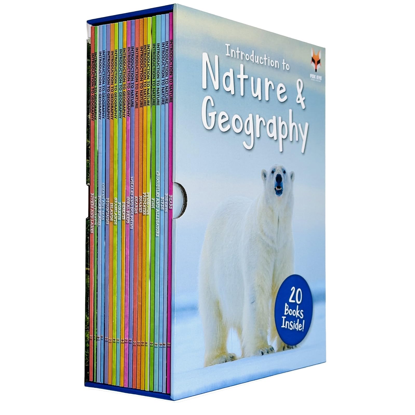 Collection of 20 paperback nonfiction books titled "Introduction to Nature and Geography" by Jasmine Brooke, published by Fox Eye Publishing.