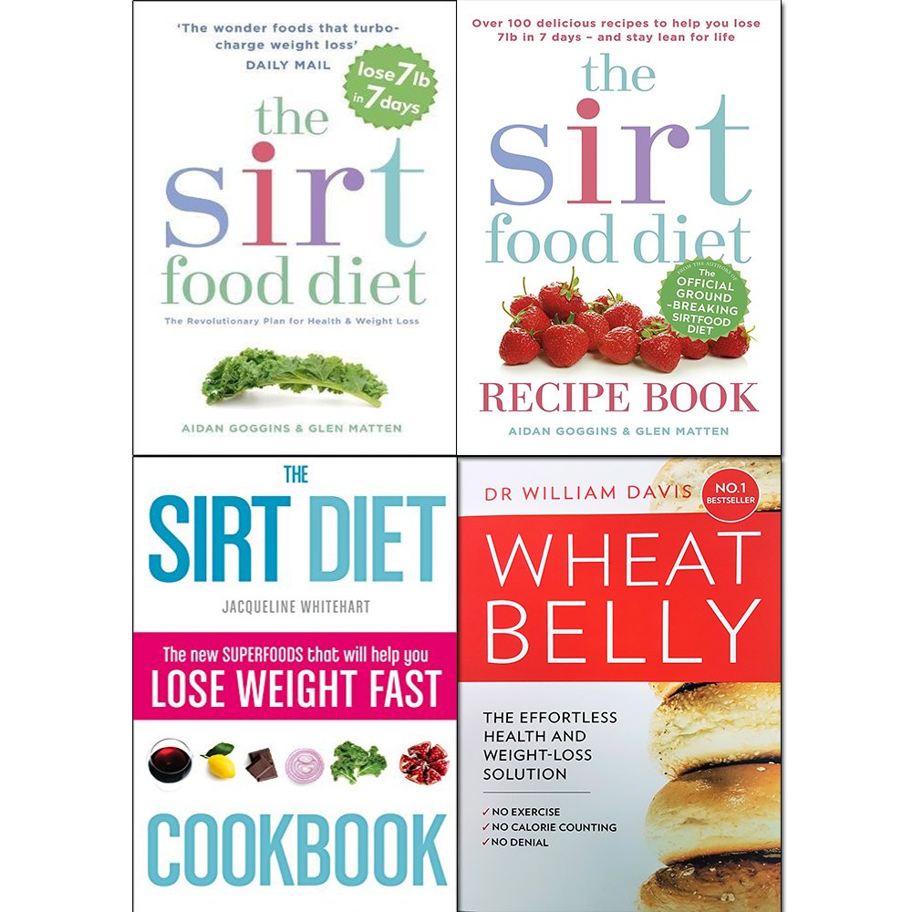 Sirtfood Set by Aidan Goggins, four paperback non-fiction books on diet and health, stacked on a wooden table.