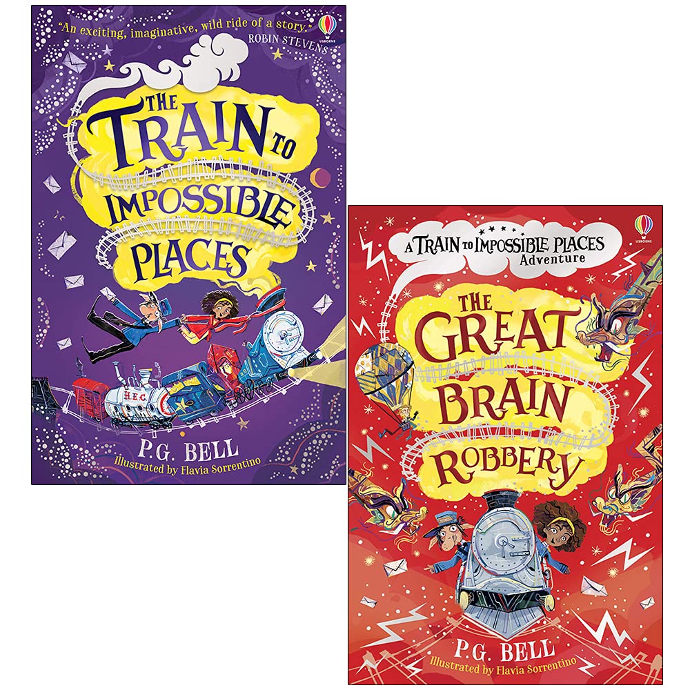Train to Impossible Places Series by P.G. Bell, two paperback books for ages 8-12, featuring whimsical cover art.
