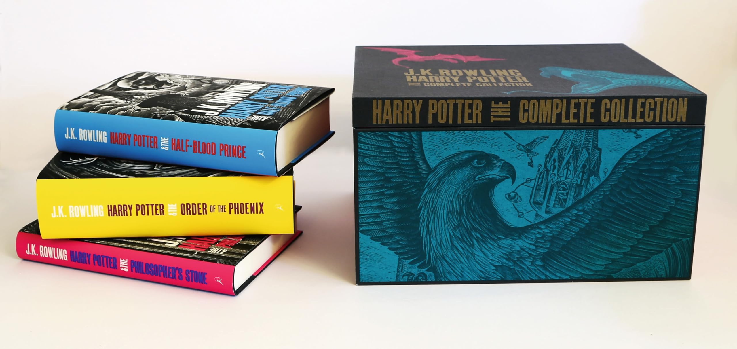 Seven paperback books from the Harry Potter series by J.K. Rowling, featuring colorful covers and iconic imagery.