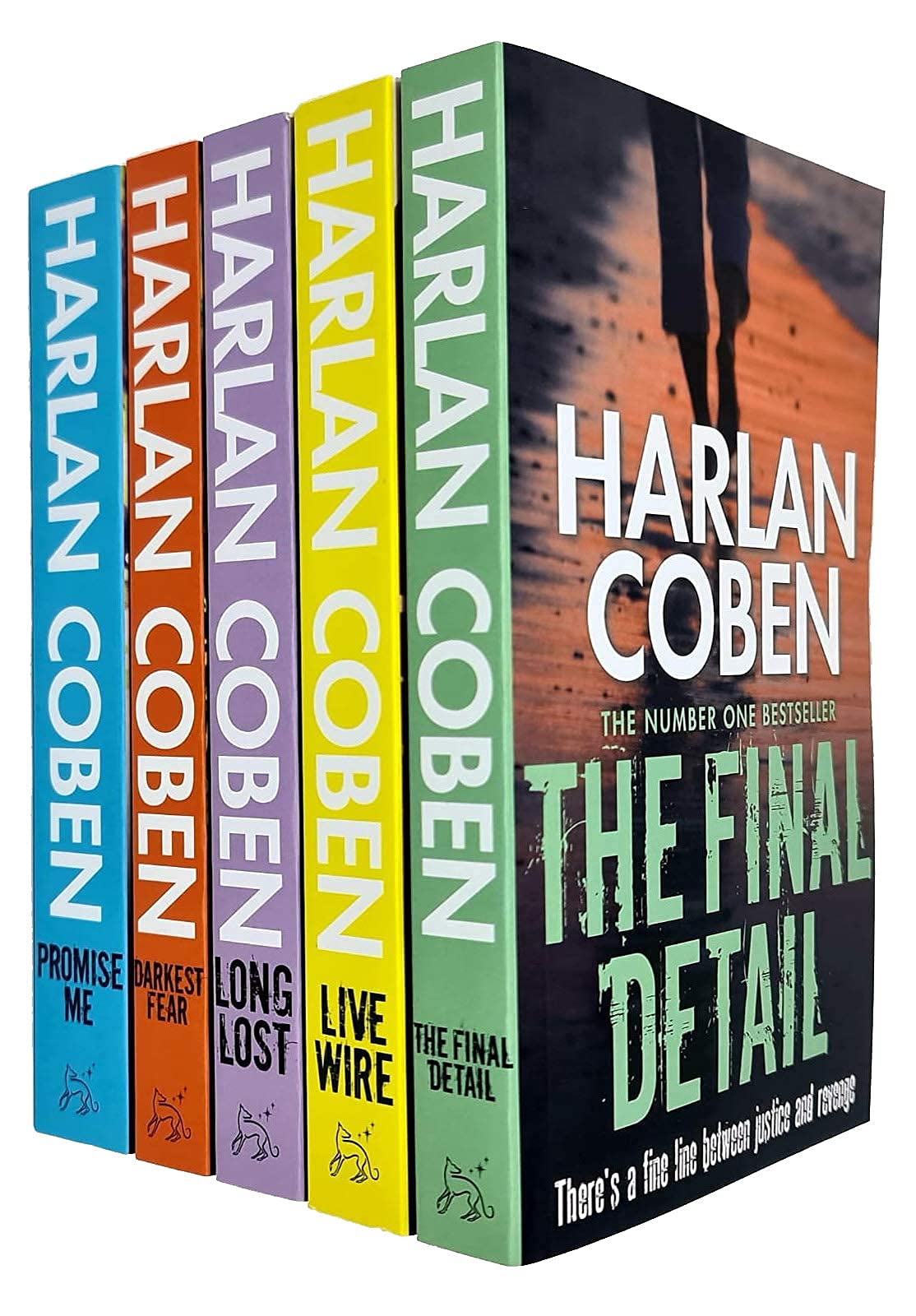 Set of five Harlan Coben Myron Bolitar Series paperback books by Hachette Ltd, featuring colorful cover art and book titles.