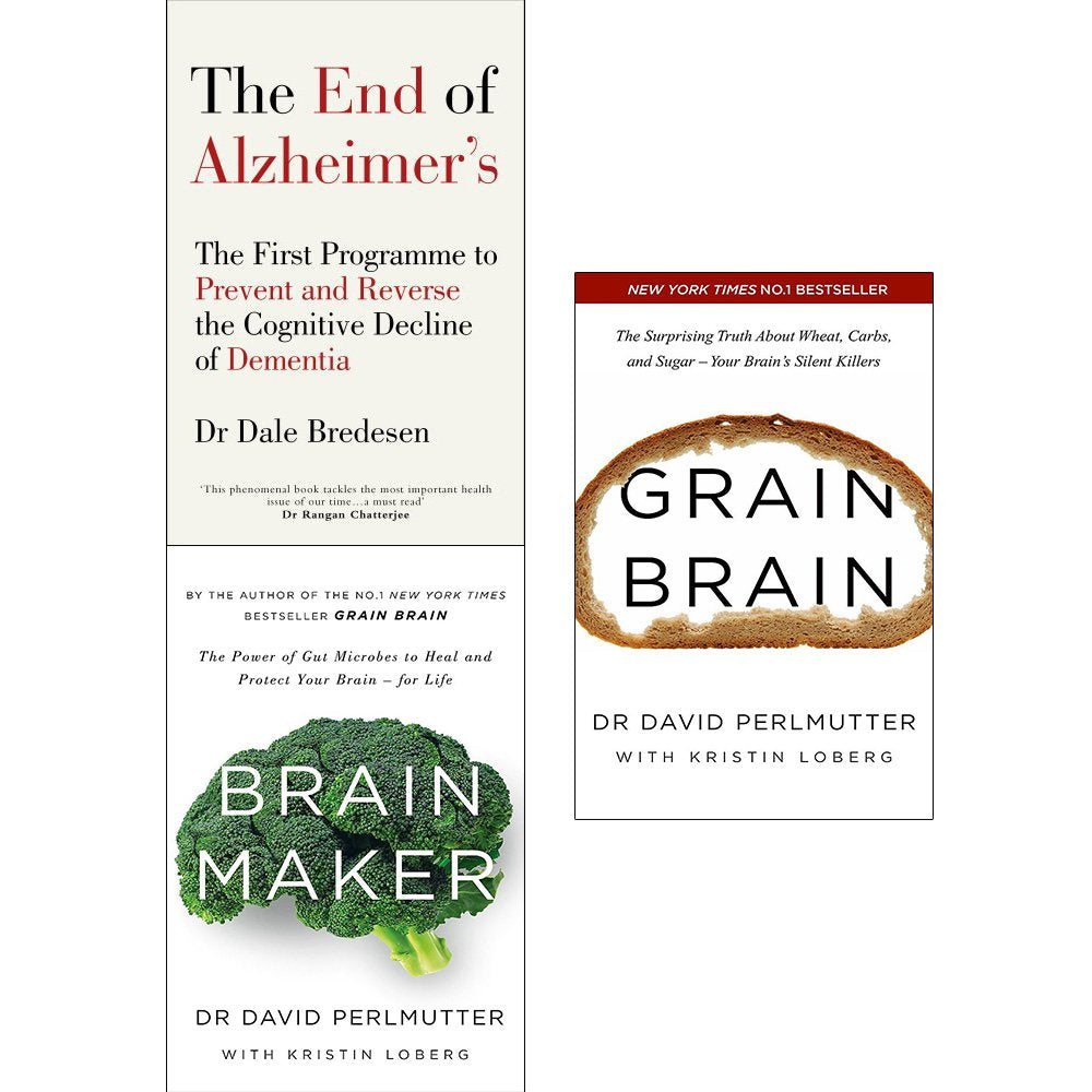 Brain Health 3 Books Collection Set by Dale E. Bredesen, featuring paperback covers on memory wellness and dementia prevention.