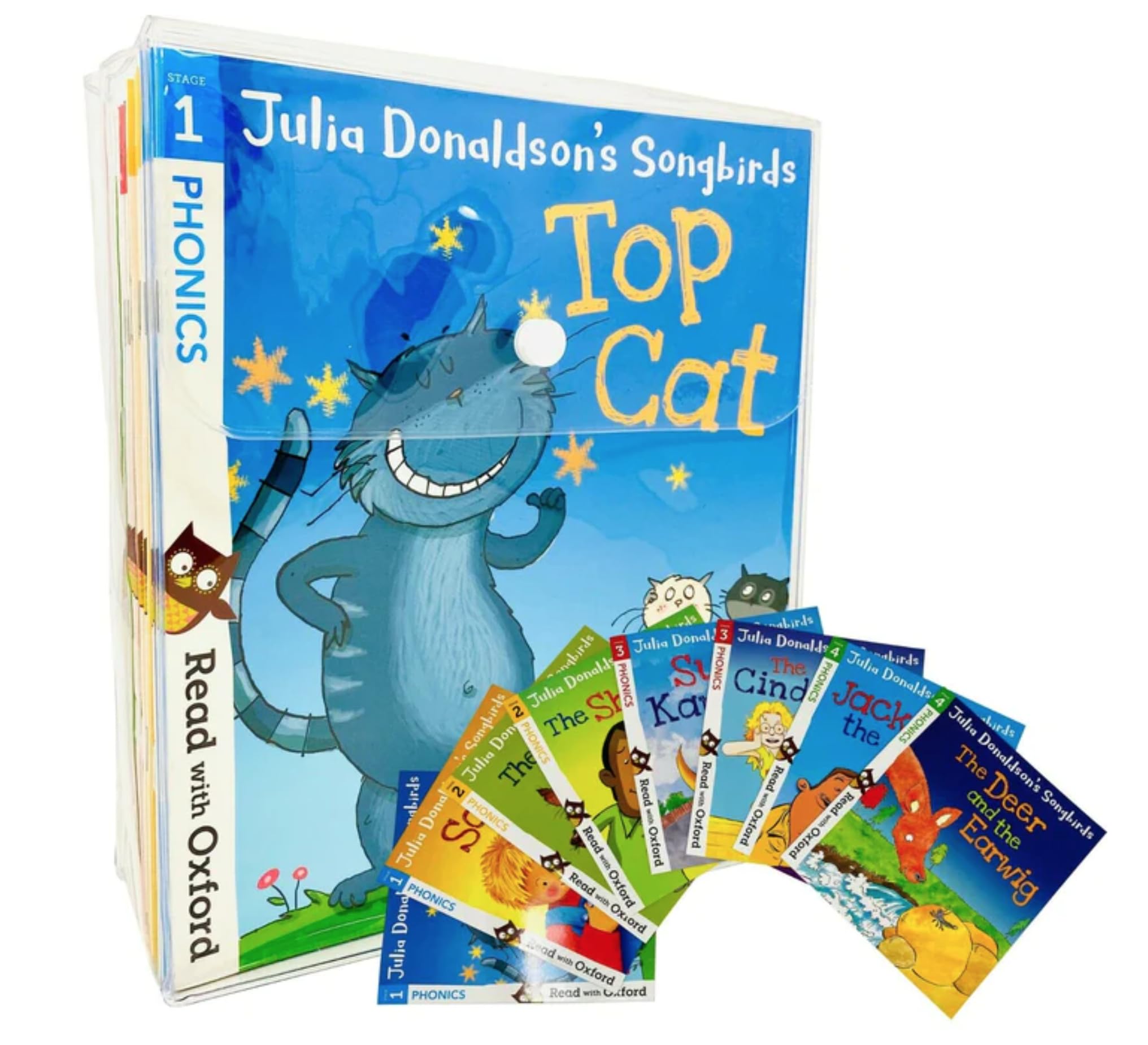 Set of 36 Julia Donaldson Songbirds paperback books for children aged 3 to 7, featuring colorful covers and engaging stories.